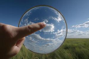 A Finger Touching the Sky Reflected on a Concave Mirror photo