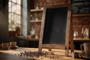 Cafe Atmosphere Wooden Menu Board with Coffee Beans and Mugs Decoration photo