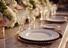 Elegant Wedding Reception Table Setting With Plates Glassware and Floral Arrangement photo