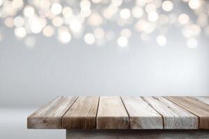 Rustic Wooden Table Against Bokeh Lights Creates a Soft and Festive Atmosphere photo