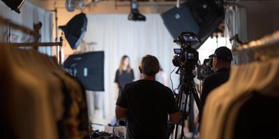 Backstage Production Crew on Set with Lighting and Camera Setup photo