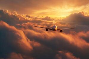 A Large Aircraft Soars Through Majestic Clouds Painted by the Setting Sun photo