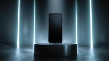 A Sleek Smartphone Showcased on a Pedestal A Study in Modern Design photo