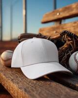 A white baseball cap on a bench with ball and glove photo
