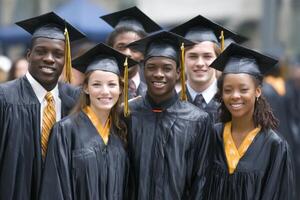 Happy Smiling Graduates Celebrating Success at University Graduation Ceremony with Friends photo