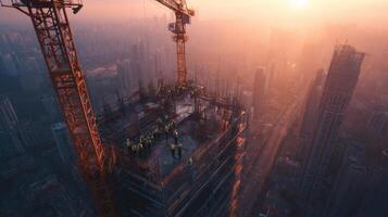Urban Landscape with Cranes Overlooking Cityscape at Sunset Creating an Inspiring Scene photo