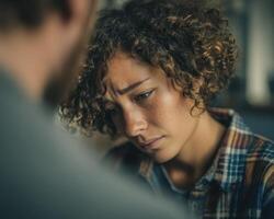 Woman With Sad Expression Receives Support From Caring Friend At Home photo
