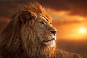 Majestic King of the Jungle Portrait in the Glow of Sunset Light photo