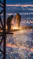 Construction Workers in Night Scene Creating the City with Welding Sparks photo