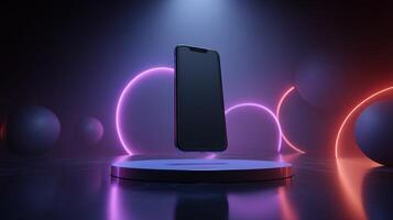Smartphone On Elegant Modern Podium With Neon Light And Futuristic Ambiance photo