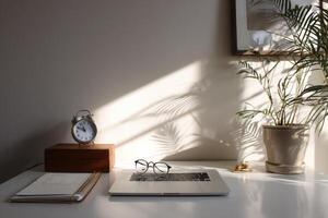 Indoor Aesthetic Setup A White Table With Accessories A Simple Home Office photo