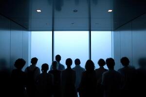 Silhouetted Crowd Gathers in Front of Bright Window Panoramic Overlook View photo