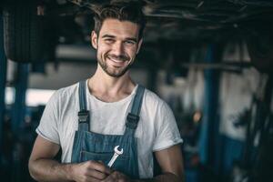 Professional Vehicle Specialist Smiling With A Wrench In An Auto Shop photo