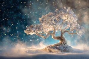 Winter landscape with ice crystal tree in the mist and snowflakes falling photo