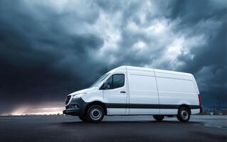 White Delivery Van Against Dramatic Sky Represents Logistics Transportation and Efficiency photo