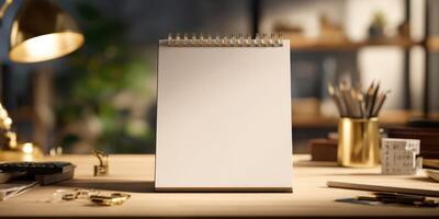 A blank white spiral notebook sitting on a desk in studio photo