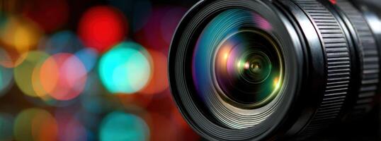 Professional Camera Lens Close Up With Blurred Bokeh Effect Background Illustration photo
