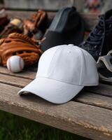 White Baseball Cap Resting on Bench Amidst Sporting Equipment Accessories Outdoors photo