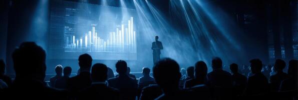 Audience Listening to a Presentation on Stage in a Dim Blue Setting photo