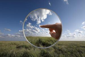 Hand Pointing at Beautiful Sky with Cloud and Green Grass Landscape View photo