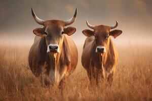 Two Grazing Cows in a Field Bathed in the Morning Light photo