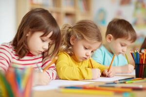 Group of Children Focused on Drawing in a Classroom Educational Setting photo