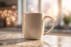 A Cup of Hot Coffee or Tea on Marble Kitchen Countertop photo