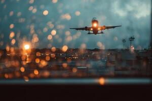 The airplane is about to take off into the sky at night time photo