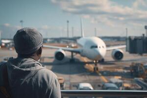 A Man at Airport Watching a Plane on a Bright Sunny Day photo