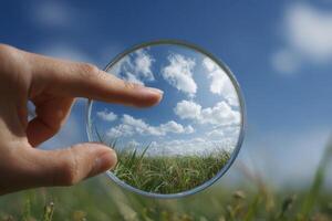 A Hand Holding a Magnifying Glass Over the Grass and Sky View photo