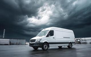 White Commercial Van Moving Towards Fast Business Delivery Under Stormy Dark Sky photo