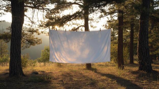 Crisp White Sheet Drying on a Clothesline in a Forest Clearing View photo