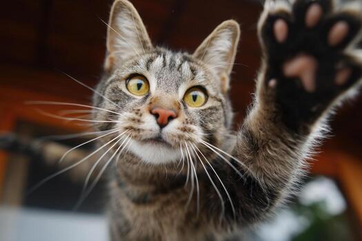 adorable atigrado gato alcanzando fuera un pata para un simpático Interacción foto