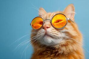 Ginger Cat Wearing Sunglasses Looking Upward On A Blue Background in Studio photo