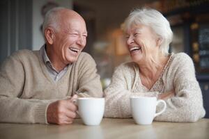 Enjoying Golden Years A Happy Elderly Couple Drinking Tea and Laughing photo