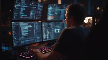 A Person with a Computer Programming Code and Development Software for Security photo