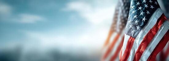 American Flags Blowing in the Wind on Blue Background in the Sky photo