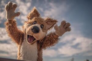 A Friendly Dog Character Smiling In An Adorable Costume On Cloudy Day photo