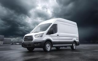 A White Cargo Van on a Wet Pavement Under Stormy Clouds photo