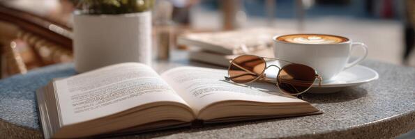 Open Book Coffee and Sunglasses on the Table During Sunny Day photo