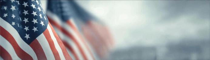 United States Flags In The Background Of Cloudy Sky Independence Day Concept photo