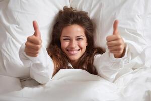 Smiling Woman Enjoying a Restful Morning in Comfortable Bed Feeling Good Today photo
