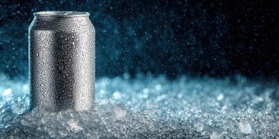 Refreshing Cold Drink An Aluminum Can Covered with Water Drops on Ice photo