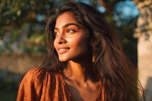 Smiling Woman Enjoying The Evening Sunlight Outdoors in A Peaceful Atmosphere photo