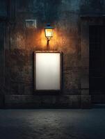 Old Fashioned Wall Lamp Lighting A Blank Menu Board In Dark Alley photo