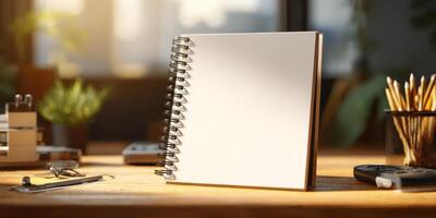 Spiral Notebook on Wooden Desk with Plants and Business Tools Nearby photo