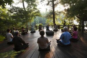 Finding Inner Peace Group of Meditators Practicing Meditation in Nature Setting photo