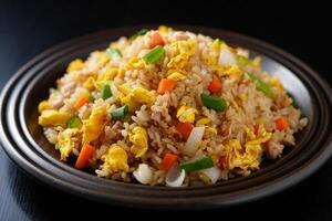 Fried rice with vegetables and meat on a black plate photo