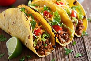 Three tacos with meat and vegetables on a wooden table photo