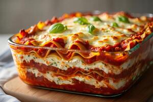 A casserole dish with cheese and meat on top photo